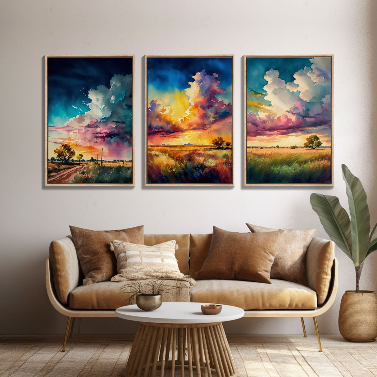 Texas Landscape Wall Art Set, Watercolor Canvas Print Original, Abstract Landscape Art Framed, Set of 3, 3 Panel Art