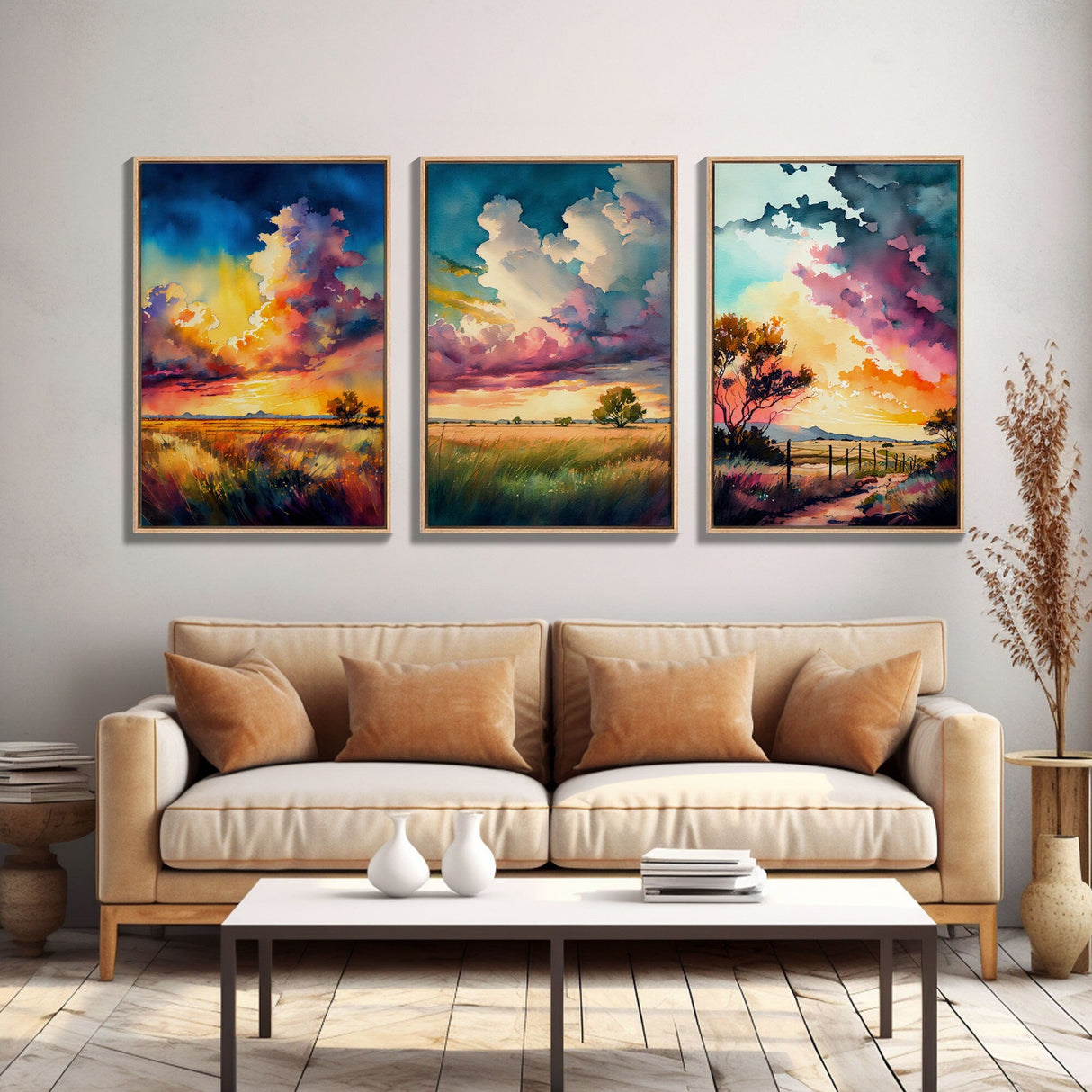 Texas Landscape Wall Art Set, Watercolor Paintings Canvas Print Original, Abstract Landscape Art Framed, Set of 3