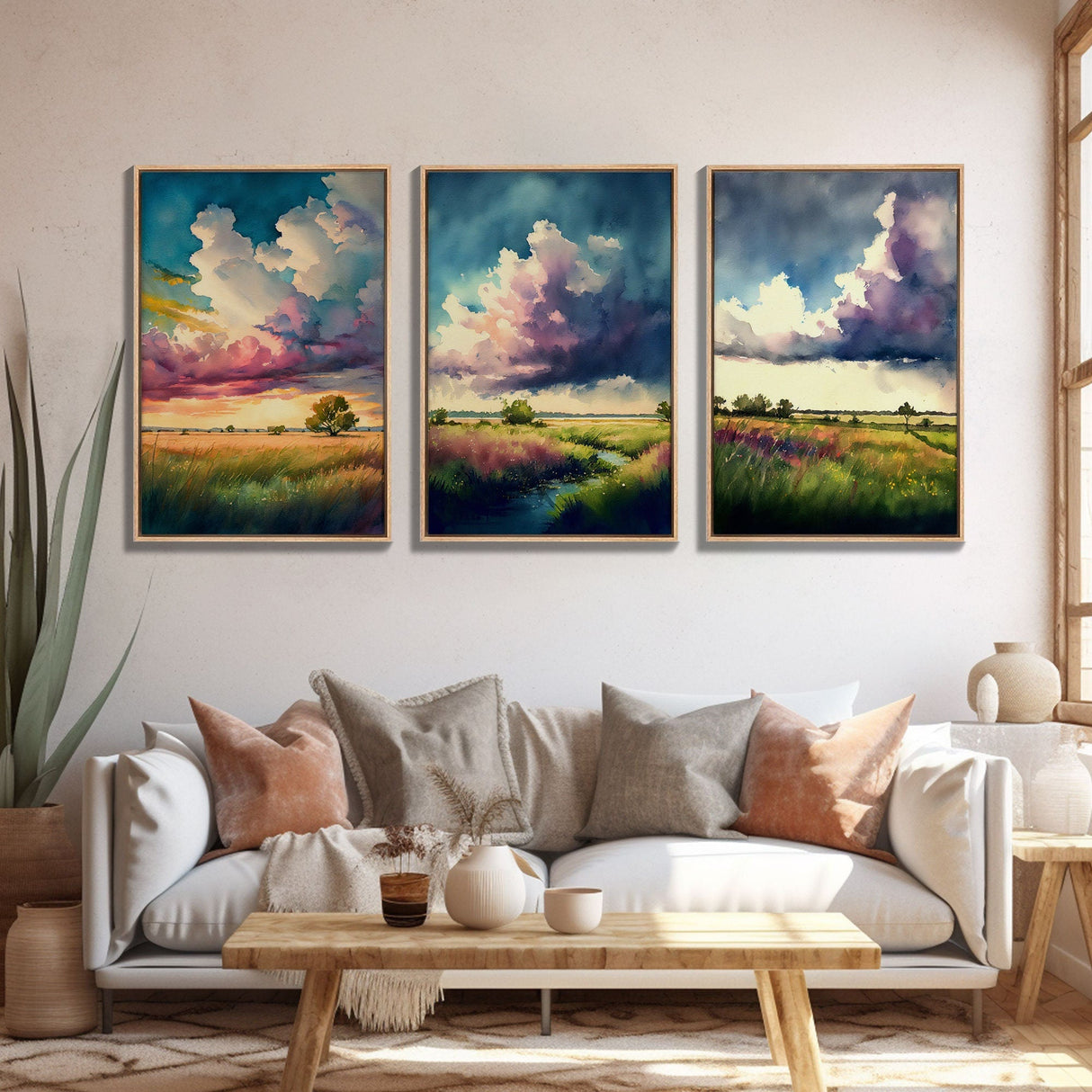 Texas Prairie Landscape Wall Art Set, Watercolor Canvas Print Original, Abstract Landscape Art Framed, Set of 3, 3 Panel Art