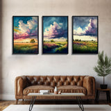 Texas Prairie Landscape Wall Art Set, Watercolor Canvas Print Original, Abstract Landscape Art Framed, Set of 3, 3 Panel Art