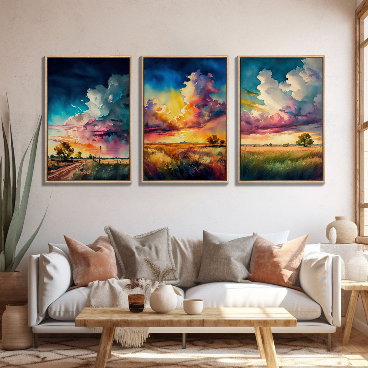 Texas Landscape Wall Art Set, Watercolor Canvas Print Original, Abstract Landscape Art Framed, Set of 3, 3 Panel Art