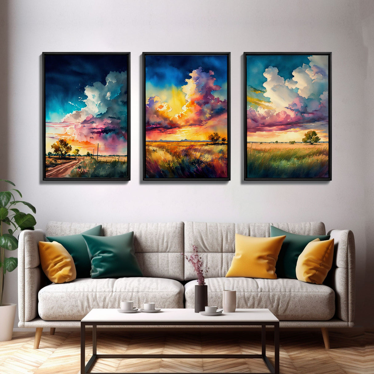 Texas Landscape Wall Art Set, Watercolor Canvas Print Original, Abstract Landscape Art Framed, Set of 3, 3 Panel Art