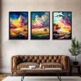 Texas Landscape Wall Art Set, Watercolor Paintings Canvas Print Original, Abstract Landscape Art Framed, Set of 3