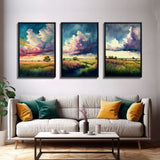 Texas Prairie Landscape Wall Art Set, Watercolor Canvas Print Original, Abstract Landscape Art Framed, Set of 3, 3 Panel Art